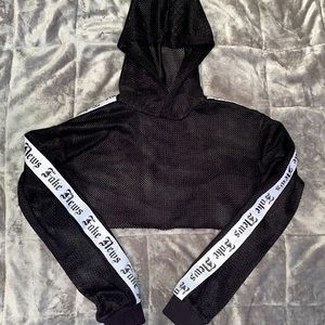 💜hooded black mesh “fake news” crop top